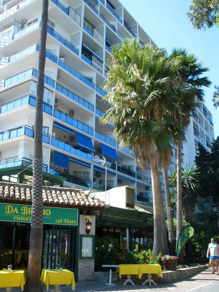 Edificio Skol behind the palms on the seafront promenade