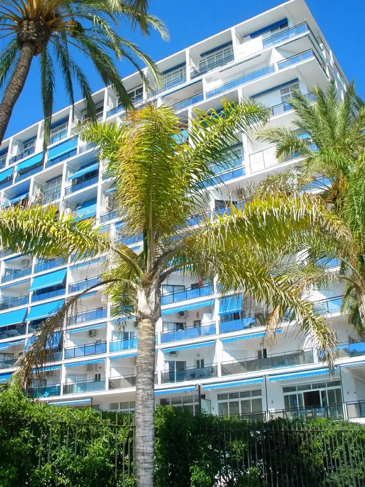 The Skol building from the seafront promenade: white balconies with blue awnings behind palm trees